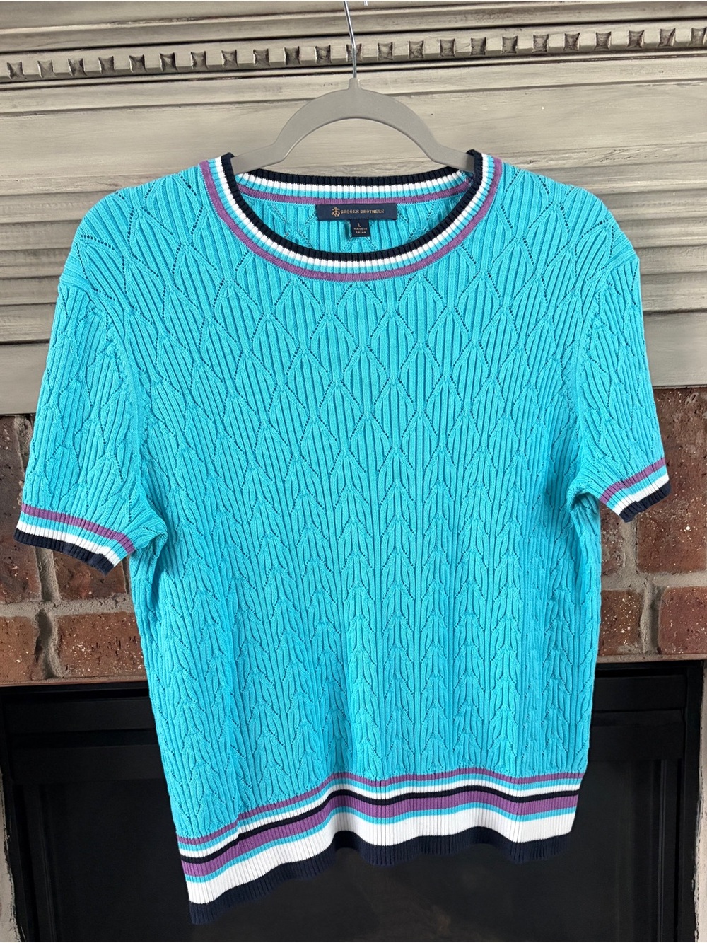Brooks Brothers Aqua Short-Sleeve Cable Knit Sweater